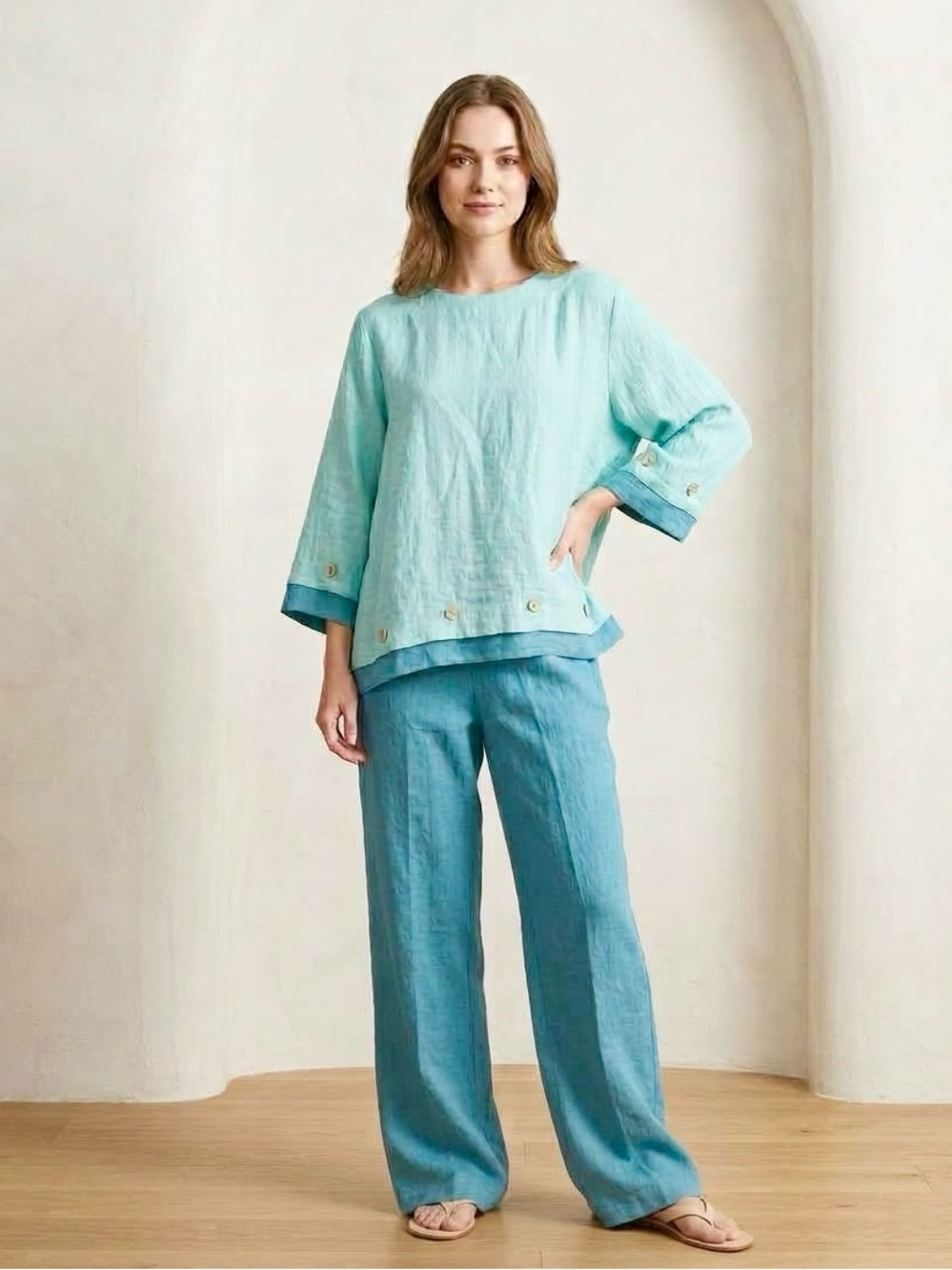 Vintage Norm Thompson Aqua/Turquoise, Buttons, Layered Lounge Set, Size M/L